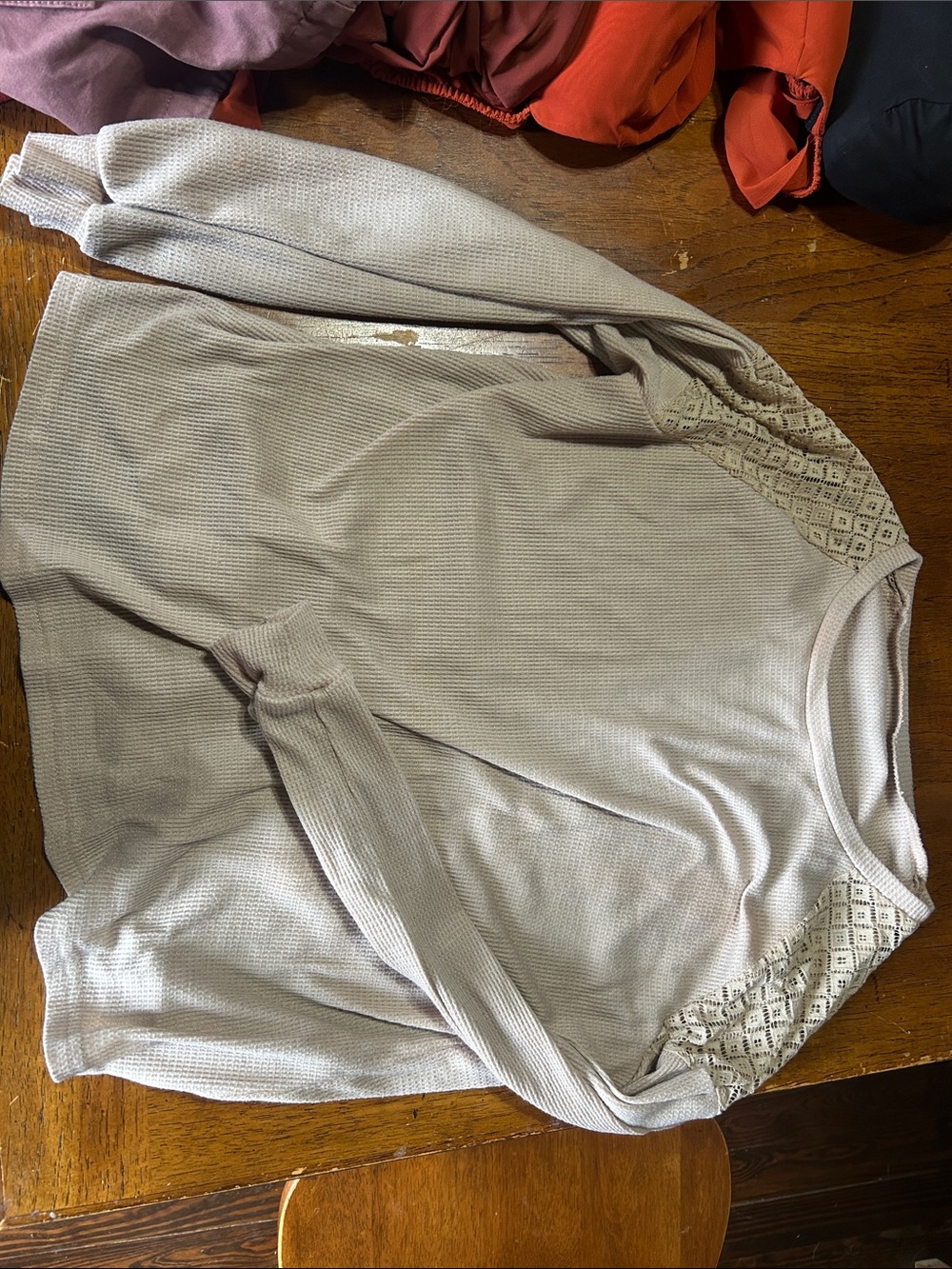 Light Taupe Lace-Trim Waffle Knit Long Sleeve Top